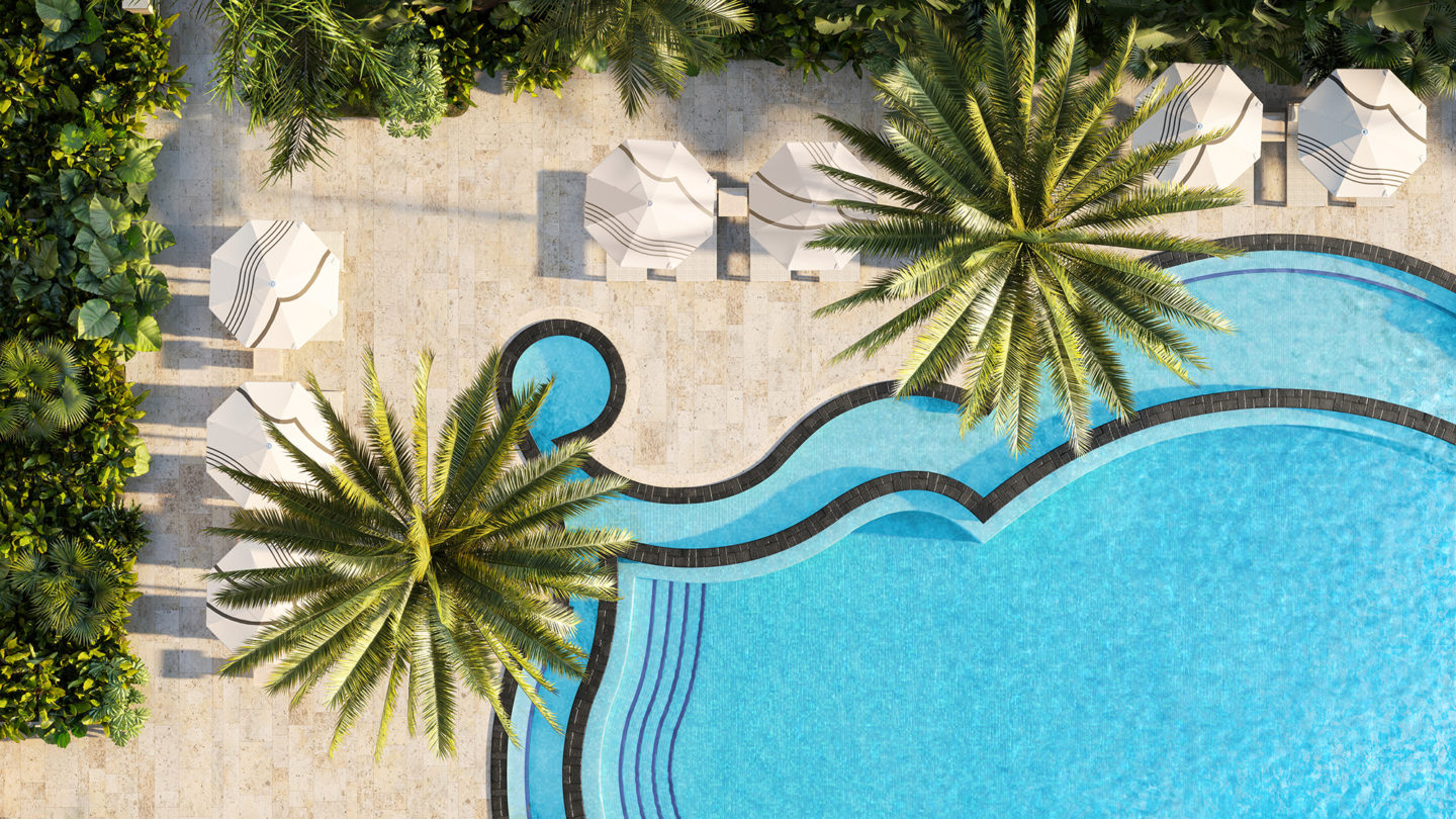 aerial view of an art deco style pool