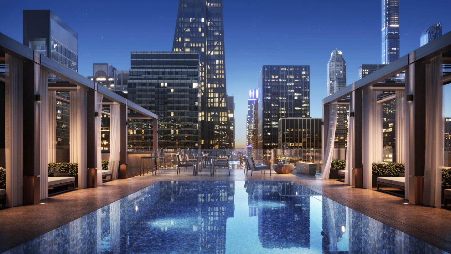 mandarin oriental 5th ave rendering of a shared outdoor space with a pool, firepit and cabanas