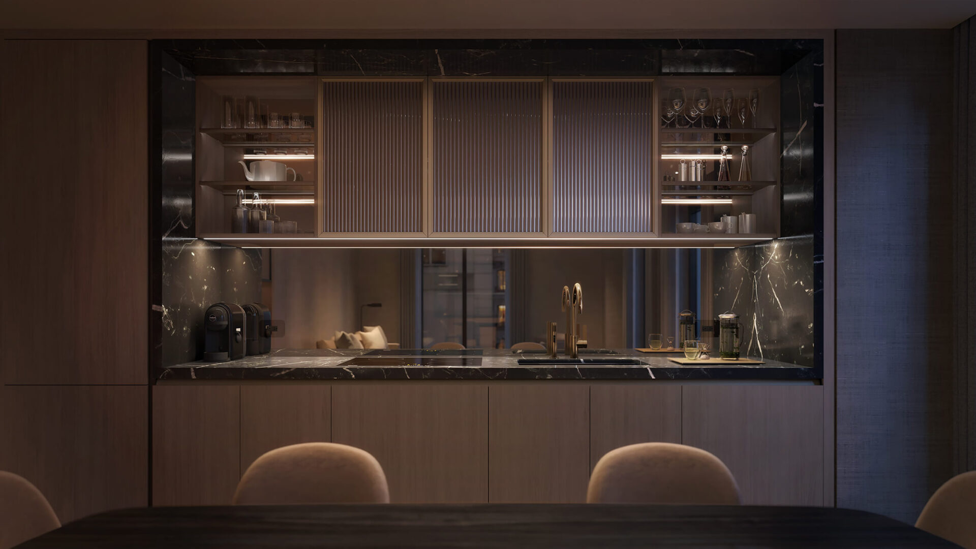 mandarin oriental 5th ave rendering of a kitchen and a dining room table