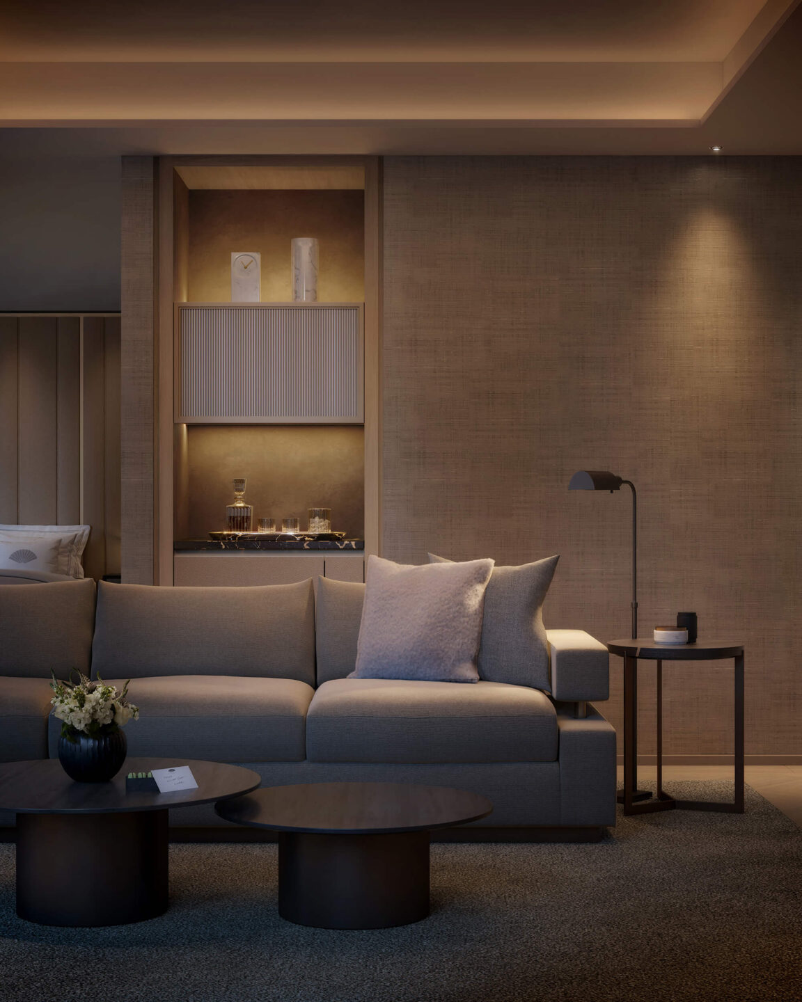 mandarin oriental 5th ave rendering of a living room with a couch, coffee table and bar