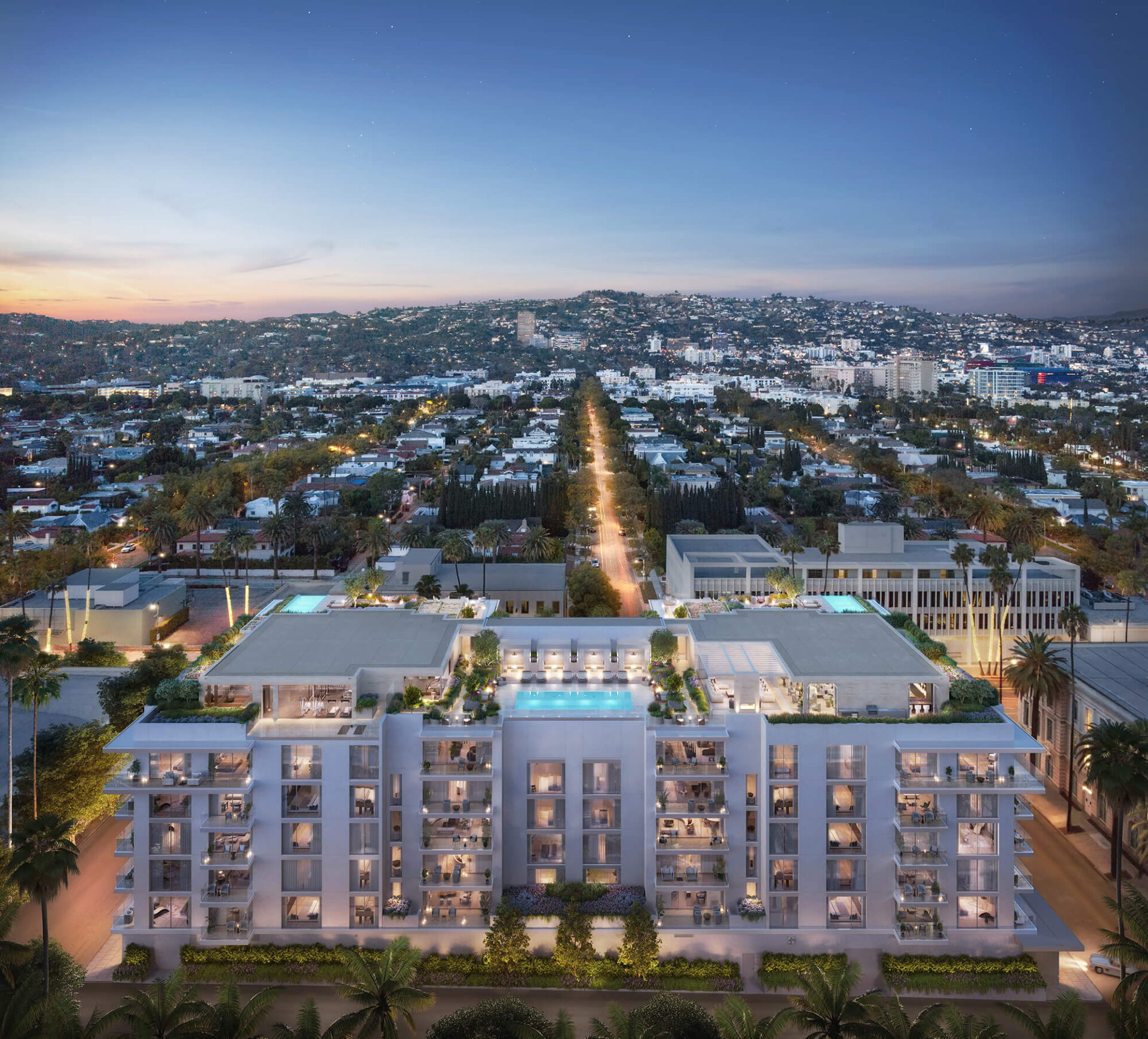 mandarin oriental beverly hills aerial rendering of the full building and surrounding area