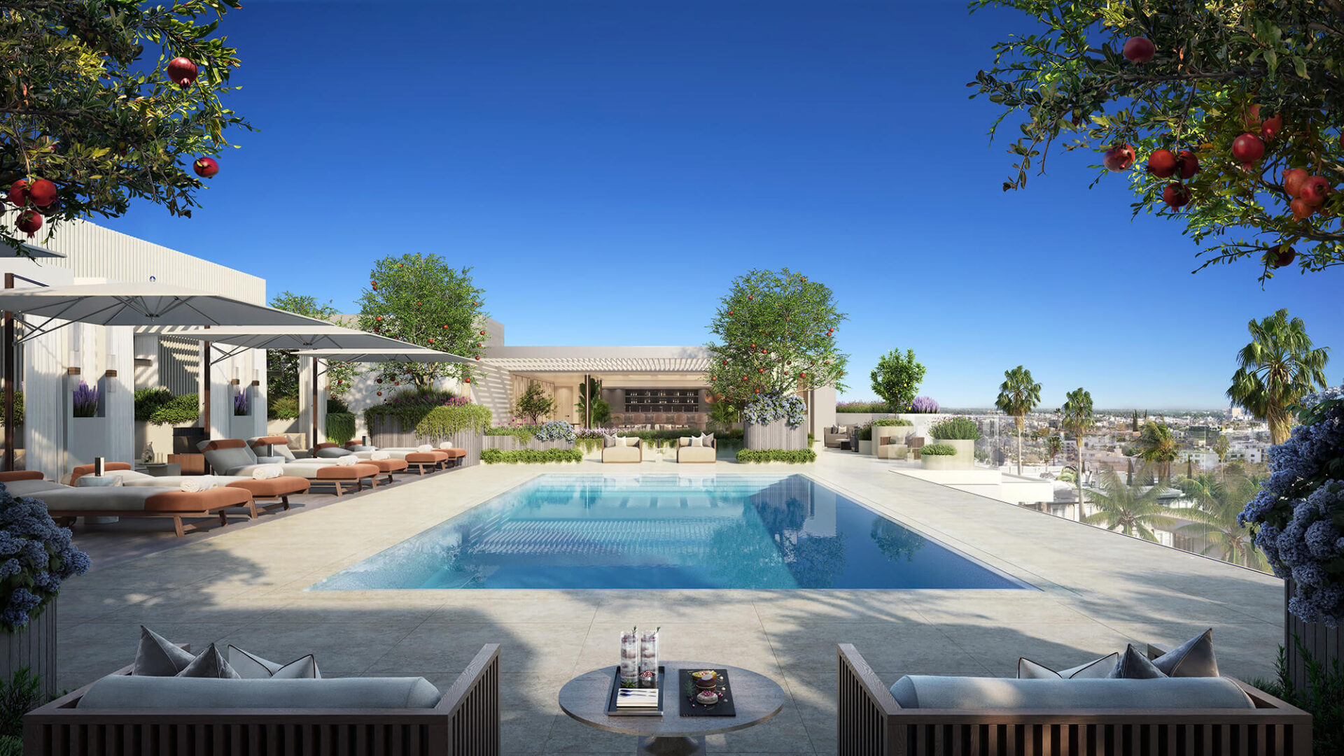 mandarin oriental beverly hills rendering of a shared outdoor space with a pool. lounge chairs and a cabana