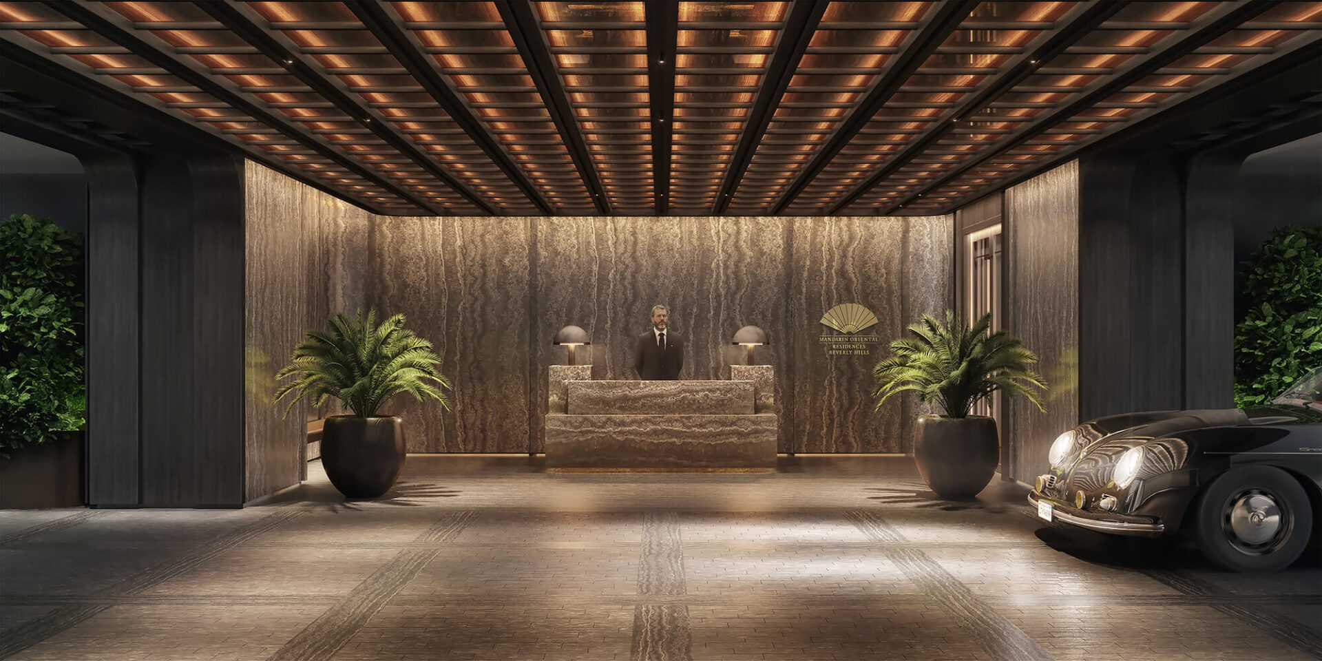 mandarin oriental beverly hills rendering of a valet car park and entrance to the building