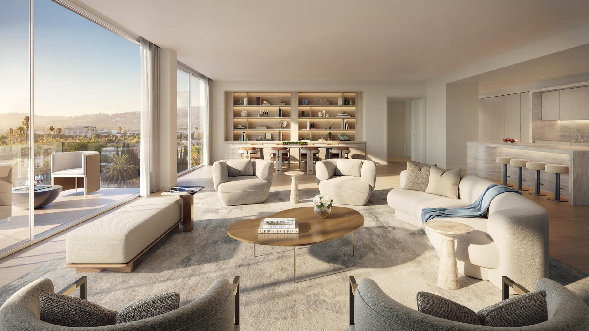 a mandarin oriental beverly hills rendering of an open plan living kitchen and dining space. floor to ceiling windows look out over a balcony and has a view of beverly hills