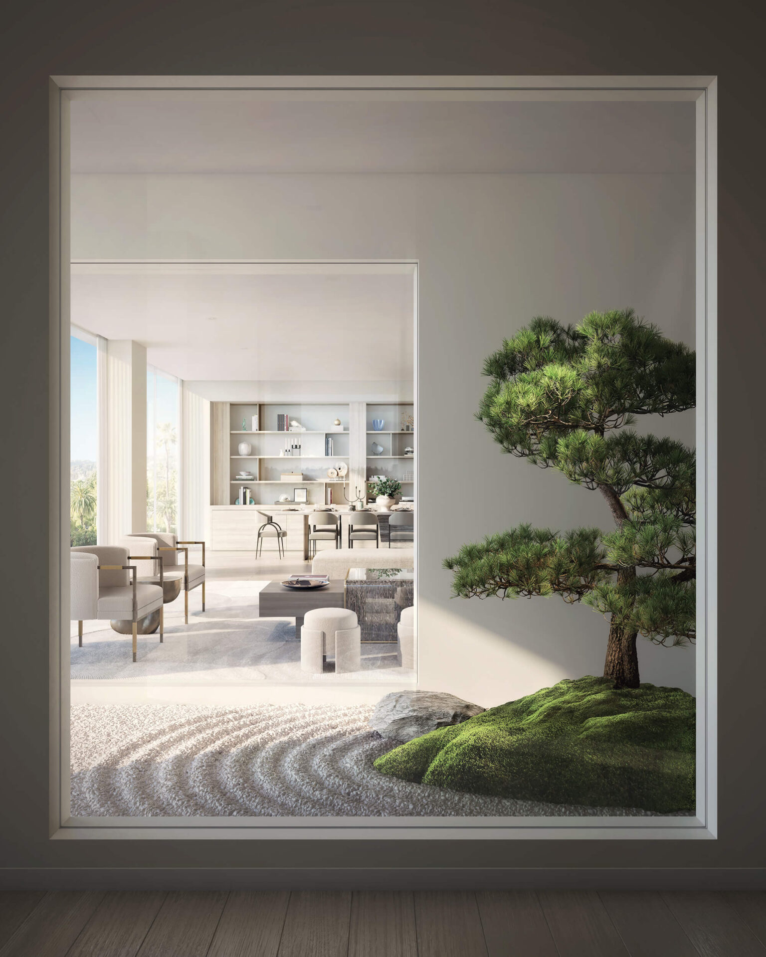 mandarin oriental beverly hills rendering of a japanese rock garden with a living room in the background