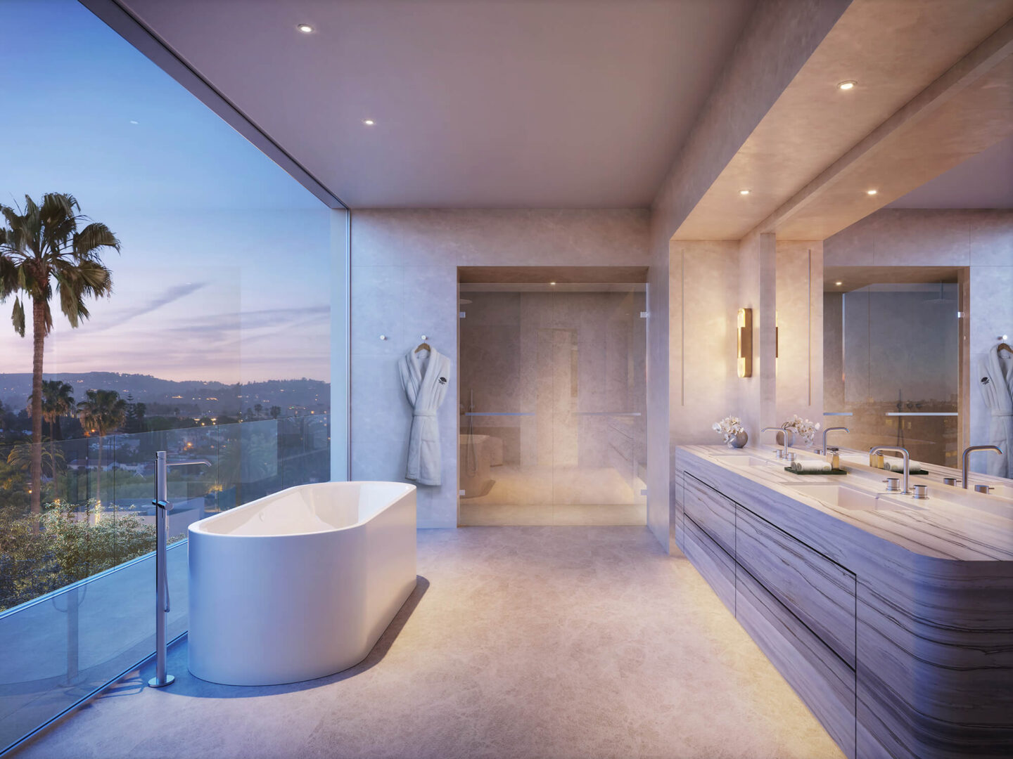 rendering of a bathroom at the mandarin oriental beverlay hills. cream colored amentieis and floor to ceiling windows overlooking beverly hills