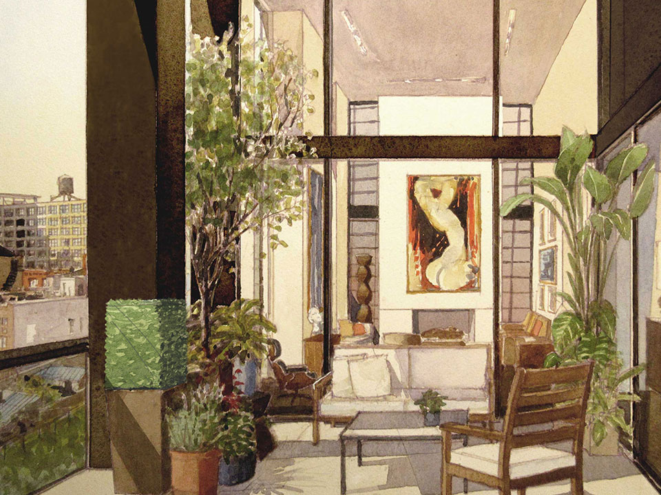watercolor sketch of the getty by peter marino