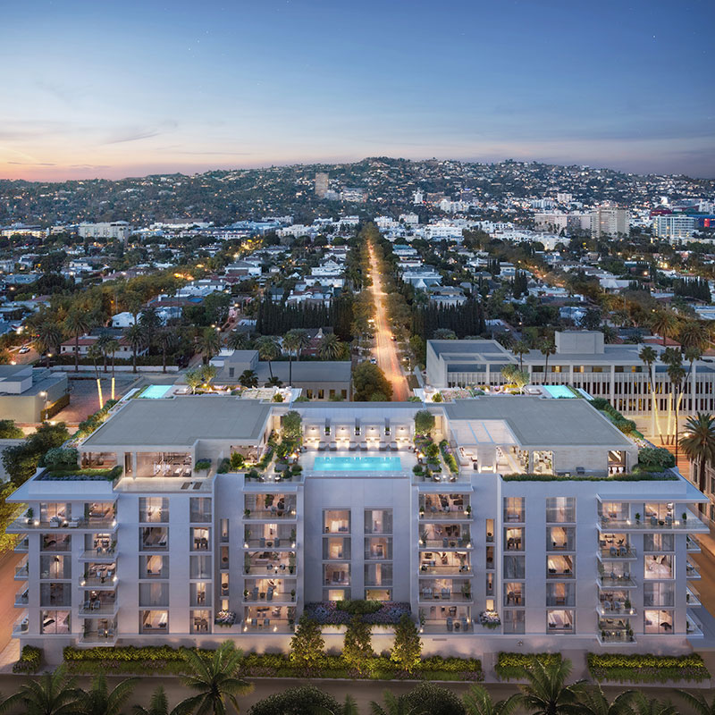 rendering of the mandarin oriental building in beverly hills